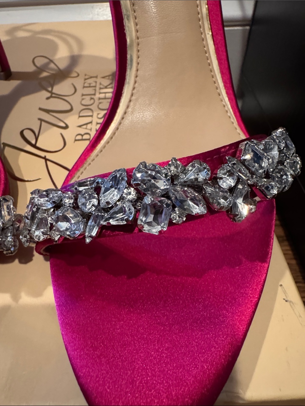 NEW IN BOX—Jewel Badgley Mischka Hot Pink Crystal-Embellished Satin Heels - Picture 5 of 5